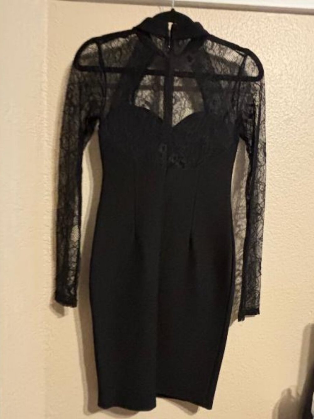Forever 21 Black Lace Long Sleeve Choker Neck Bodycon Midi Dress S